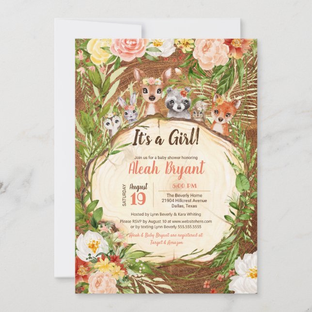 Invitation Woodland Cute Animaux Forêt Girls Baby shower en b (Devant)