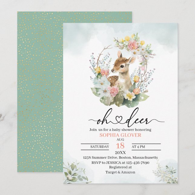 Invitation Woodland deerflowers verdure aquarelle bébé specta (Devant / Derrière)