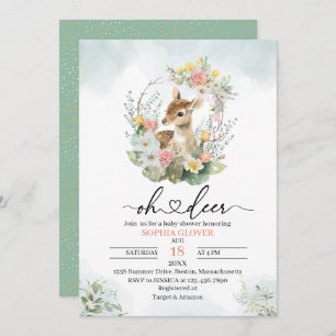 Invitation Woodland deerflowers verdure aquarelle bébé specta