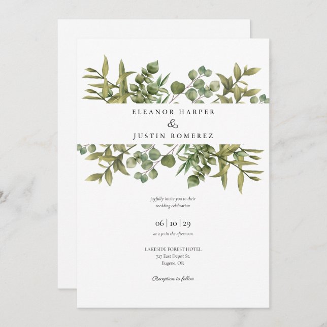 Invitation Woodland Eucalyptus Mariage de verdure (Devant / Derrière)