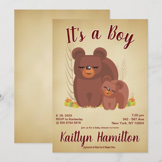 Invitation Woodland Forest Bear Cub Boy Mother Baby shower (Devant / Derrière)