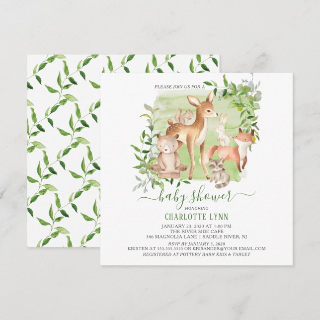 Invitation Woodland Friends Baby shower neutre pour les femme (Devant / Derrière)