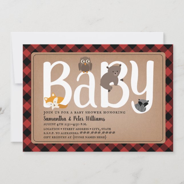 Invitation Woodland Friends Buffalo Plaid Baby shower (Devant)