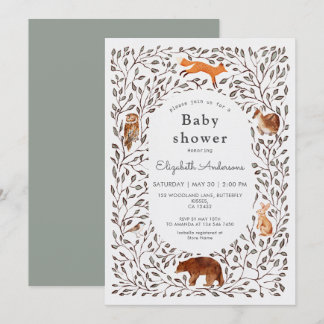 Invitation Woodland Friends Gender Neutral Sage Baby Shower