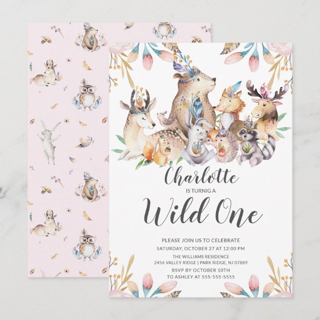Invitation Woodland Friends Wild One Girls 1st Birthday Invit (Devant / Derrière)