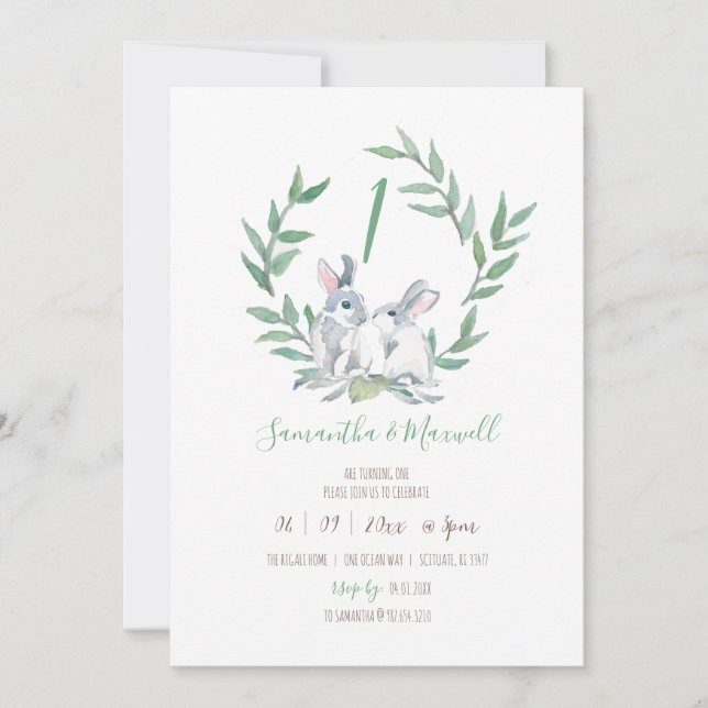 Invitation Woodland Jumeaux thématiques 1er anniversaire (Devant)
