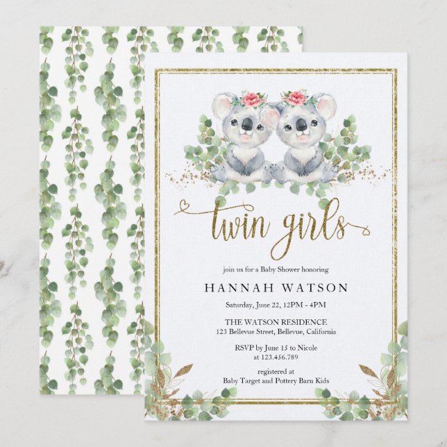 Invitation Woodland Koala Eucalyptus Rose Roses Baby shower (Devant / Derrière)