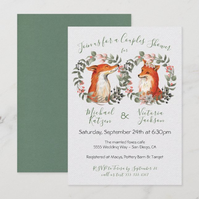 Invitation Woodland M. et Mme Fox portrait wreath Douche (Devant / Derrière)