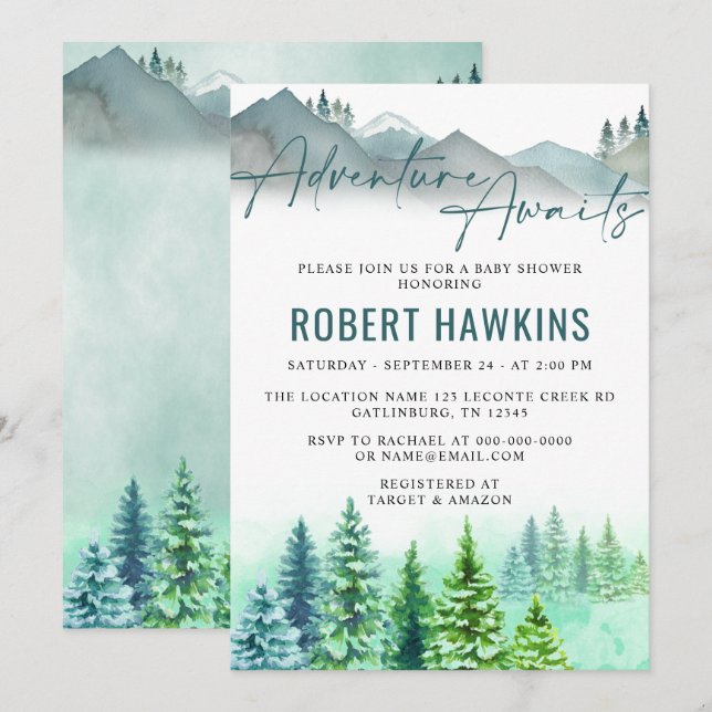 Invitation Woodland Mountain Adventure Attend le Baby shower (Devant / Derrière)