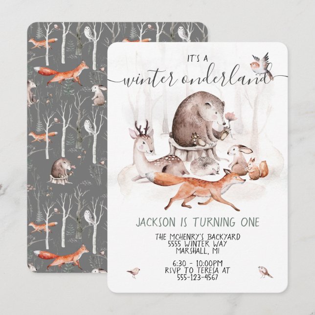Invitation Woodland Onderland Scandinavian Birday Party Inv (Devant / Derrière)