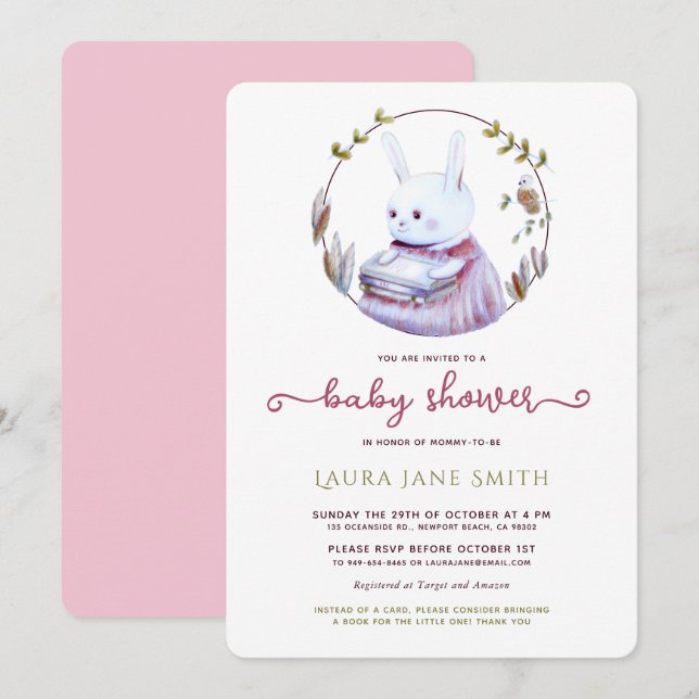 Invitation Woodland Rabbit Rose Green Livres Girl Baby shower (Devant / Derrière)