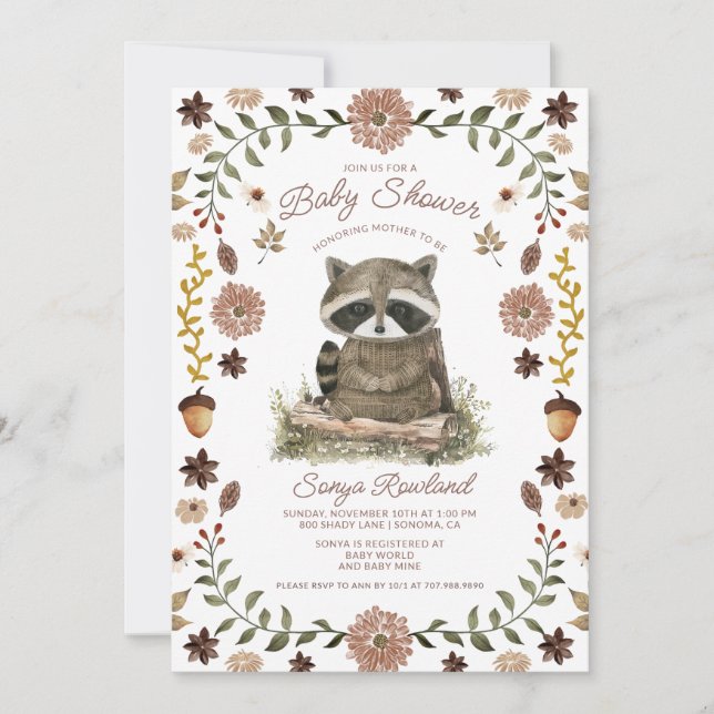 Invitation Woodland Raccoon Baby Shower (Devant)