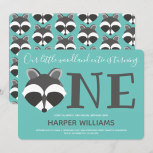 Invitation Woodland Raccoon Turquoise bébé un premier anniver