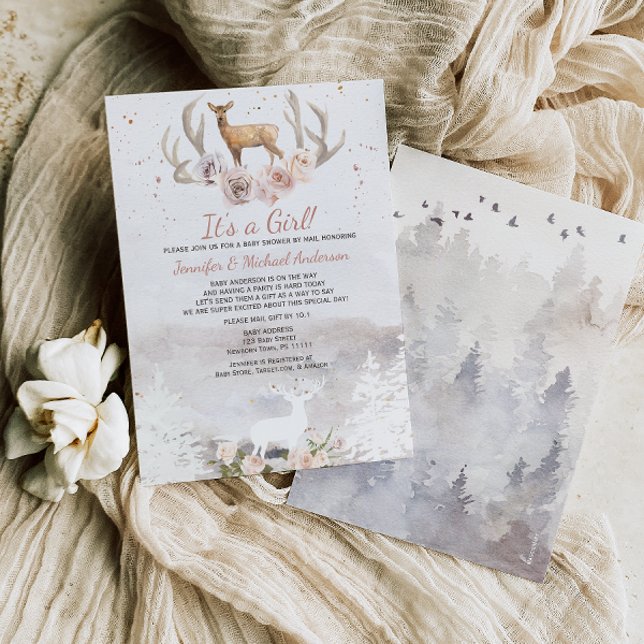 Invitation Woodland Rose Girl Deer Forest Baby shower Par Mai (Créateur téléchargé)