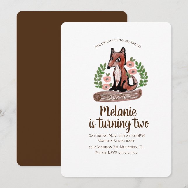 Invitation Woodland Rustic Fox Floral fête d'anniversaire (Devant / Derrière)