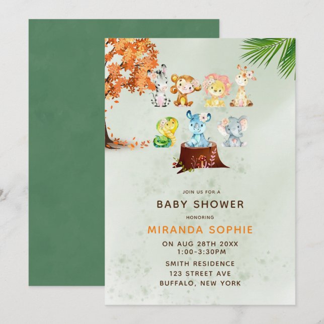 Invitation Woodland Safari Animaux garçon Baby shower Invitat (Devant / Derrière)