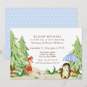 Invitation Woodland Tree Forest Fox Hedgehog Boy Baby shower