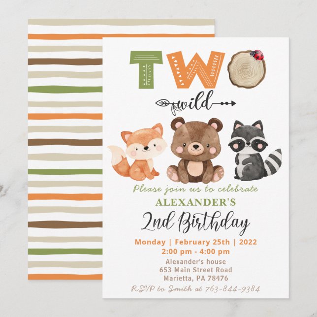 Invitation Woodland Two Wild Bear Fox Raccoon 2e anniversaire (Devant / Derrière)