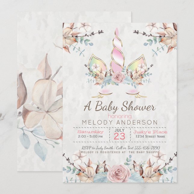 Invitation Woodland Unicorn Baby shower rose (Devant / Derrière)