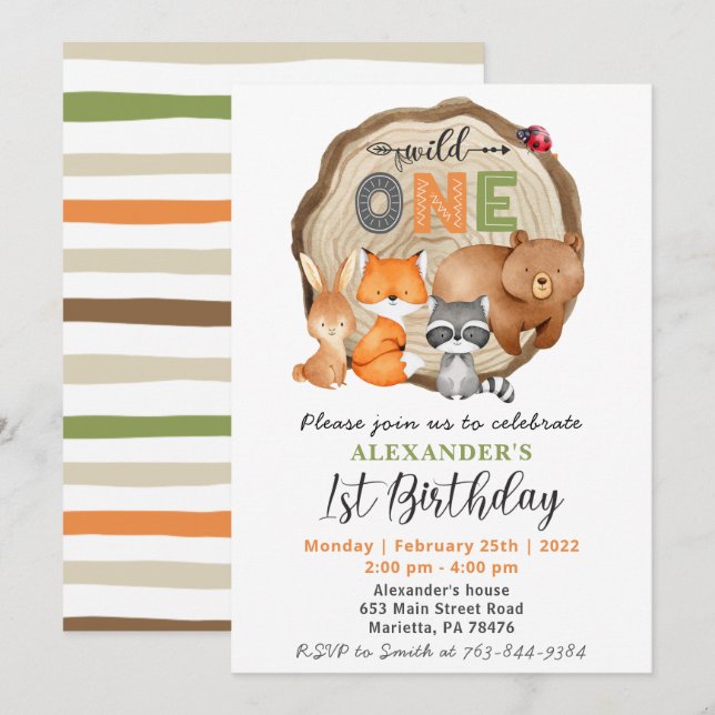 Invitation Woodland Wild One Bear Fox Raccoon 1er anniversair (Devant / Derrière)
