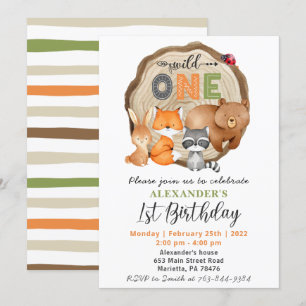 Invitation Woodland Wild One Bear Fox Raccoon 1er anniversair