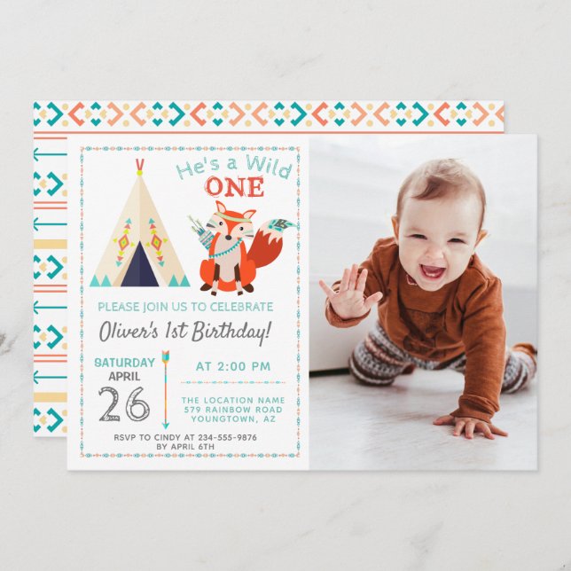 Invitation Woodland Wild One Fox Boho Boy 1er anniversaire Ph (Devant / Derrière)