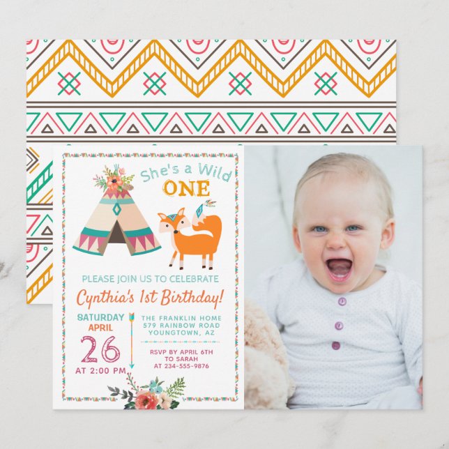 Invitation Woodland Wild One Fox Teepee 1er anniversaire Phot (Devant / Derrière)