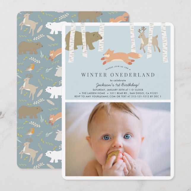 Invitation Woodland Winter Onederland Blue Photo 1er annivers (Devant / Derrière)