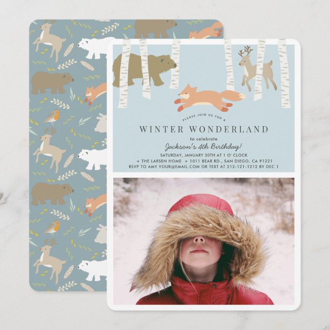 Invitation Woodland Winter Wonderland Blue Photo Anniversaire (Devant / Derrière)