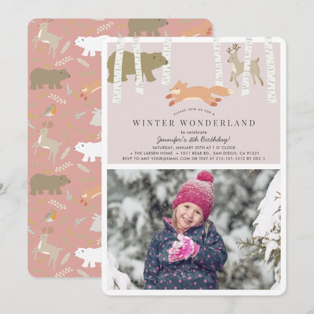 Invitation Woodland Winter Wonderland Pink Photo Anniversaire (Devant / Derrière)