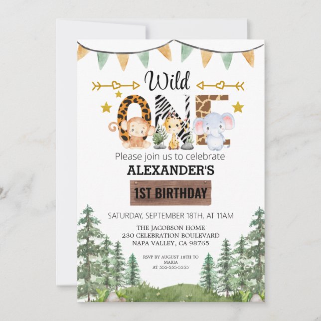 Invitation Woodland Wonder Jungle Safari 1er anniversaire (Devant)