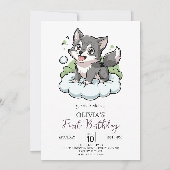 Invitation Woodland Woods Digital Wolf 1er anniversaire (Devant)