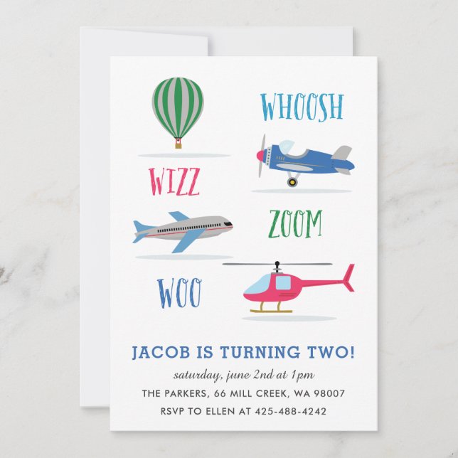 Invitation Woosh Vroom Woo Air Fête d'anniversaire de l'enfan (Devant)