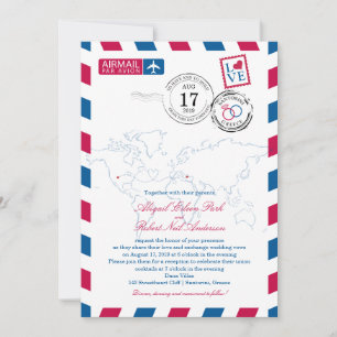 Invitation World Airmail USA & Santorini Grèce Mariage