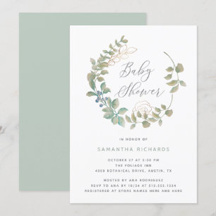 Invitation Wreath à feuilles  Baby shower botanique en or