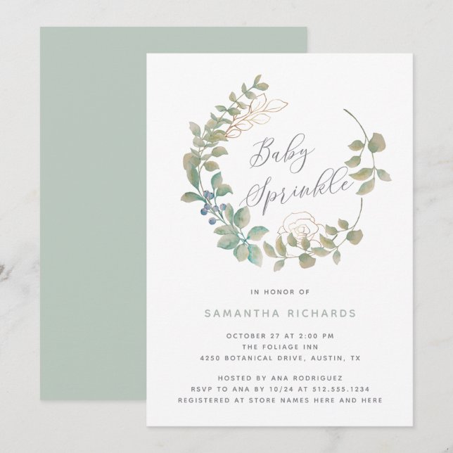 Invitation Wreath à feuilles| Bébé botanique saupoudré d'or (Devant / Derrière)