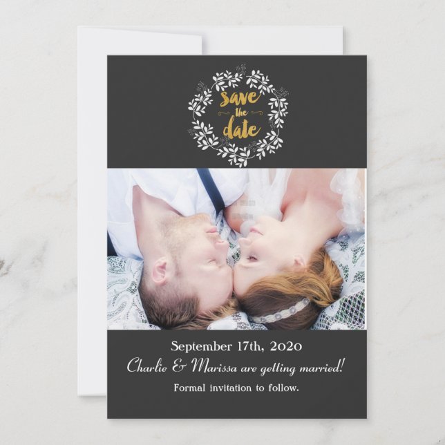 Invitation Wreath Botanique Feuille blanche SAUVER LA DATE Ph (Devant)