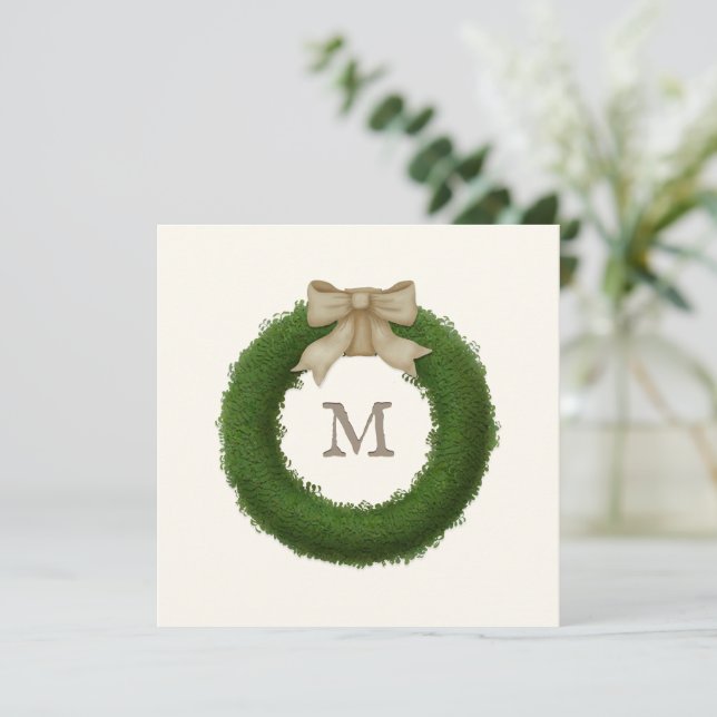 Invitation Wreath Boxwood Avec Bow Rustique Personnalisé Mono (Debout devant)