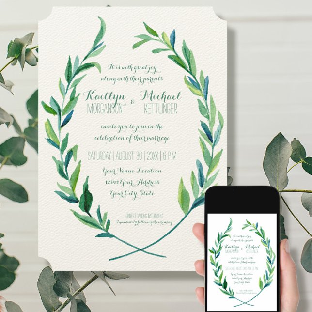 Invitation Wreath Laurel Eucalyptus Leaf Branche Moderne Simp (Créateur téléchargé)