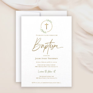 Invitation Wreath Laurel moderne Croix dorée d'or Baptême