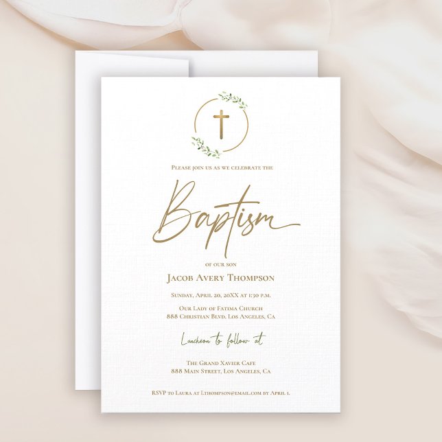 Invitation Wreath Laurel moderne Croix dorée d'or Baptême (Baptism gold cross laurel watercolor leaves invitation)