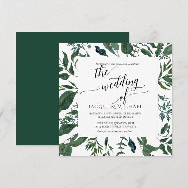 Invitation Wreath Mariage d'aquarelle BOHO Foliing | Carré (Devant / Derrière)