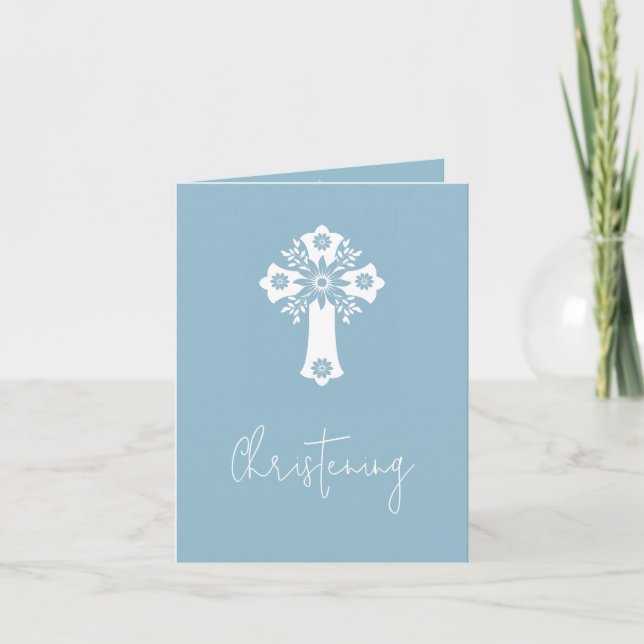 Invitation (write) Floral Cross Baptism Sky Blue (Front)