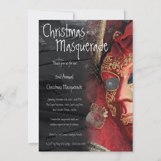 Invitation XMAS de Noël Mascarade Rouge 5x7 (Devant)