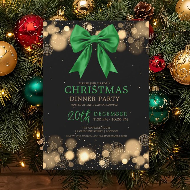 Invitation Xmas Holiday Dinner Party Winter Bow Green Gold (Xmas Holiday Dinner Party Winter Bow Green Gold Invitation)