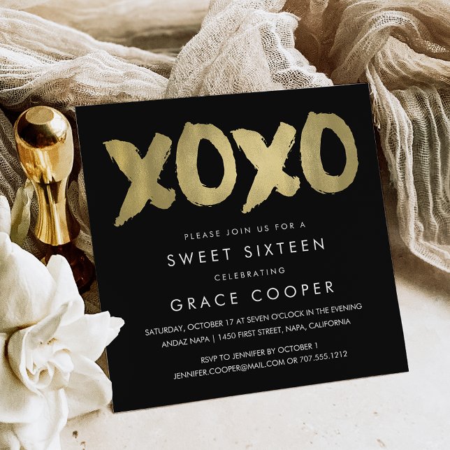 Invitation XOXO Faux Gold et Sweet sixteen noir (Créateur téléchargé)