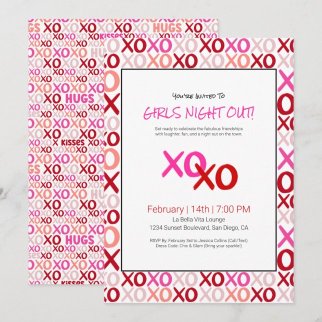 Invitation XOXO Girls Night Out rose mignonne fête de la Sain (Devant / Derrière)