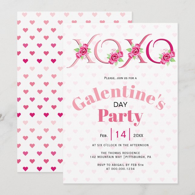 Invitation XOXO rose et fête des Galentines roses (Devant / Derrière)