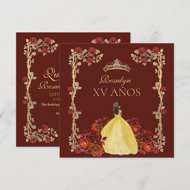 Invitation xv AÑOS Gold and Burgundy Red Rose Quinceañera (Devant / Derrière)