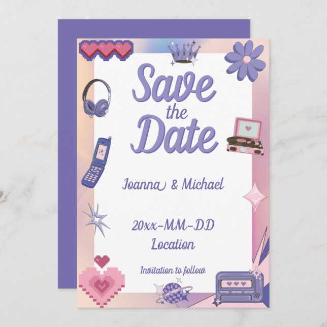 Invitation Y2K Pink Purple 2000s Retro Tech Geek Love Mariage (Devant / Derrière)